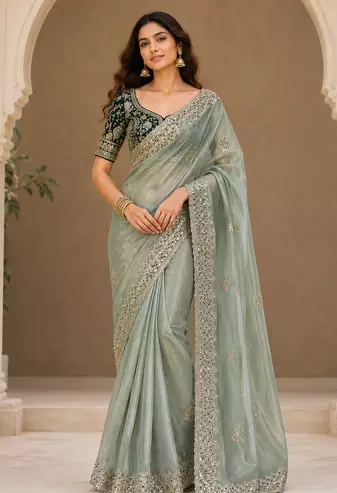 parrot green sequance and zari embroidery satin fabric saree