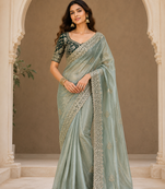 parrot green sequance and zari embroidery satin fabric saree