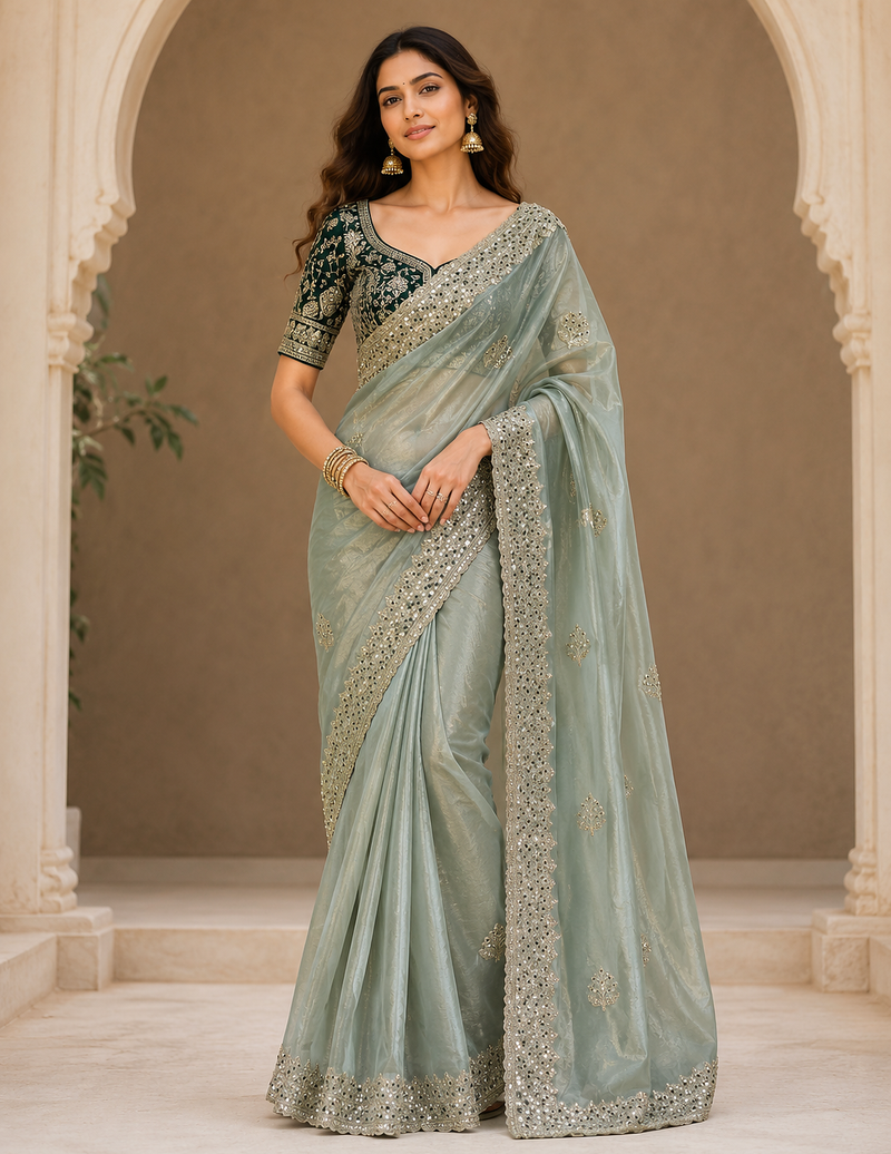 parrot green sequance and zari embroidery satin fabric saree