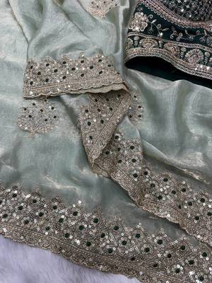 parrot green sequance and zari embroidery satin fabric saree 2
