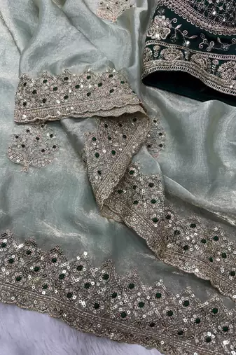 parrot green sequance and zari embroidery satin fabric saree