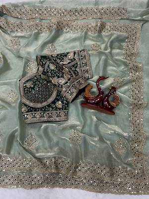 parrot green sequance and zari embroidery satin fabric saree 3
