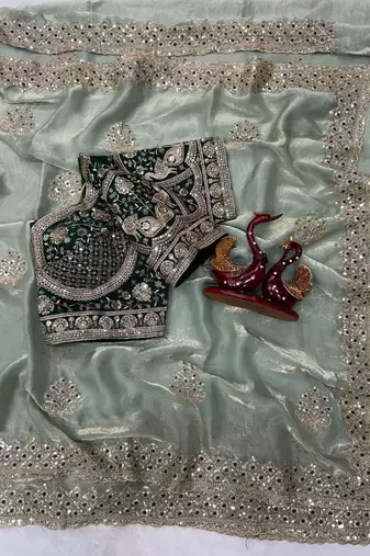 parrot green sequance and zari embroidery satin fabric saree