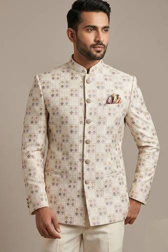 Ivory thread and pearl embroidered bandhgala