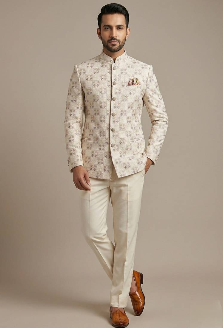 Ivory thread and pearl embroidered bandhgala