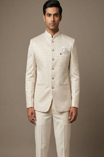 Ivory thread embroidered bandhgala on silk