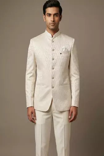 Ivory thread embroidered bandhgala on silk