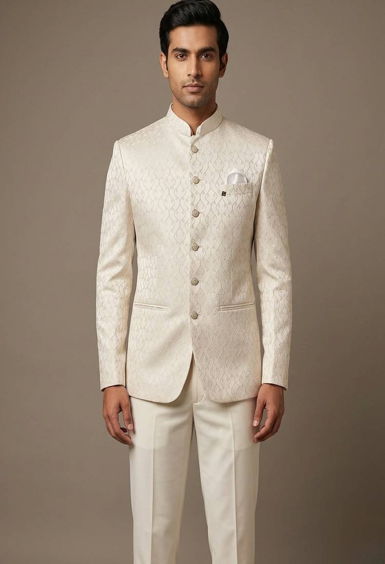 Ivory thread embroidered bandhgala on silk