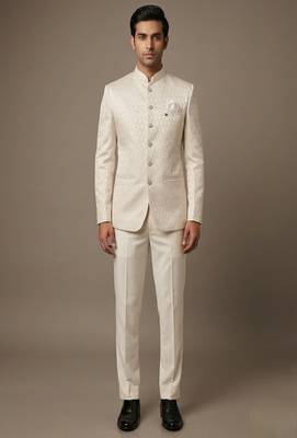 Ivory thread embroidered bandhgala on silk 2