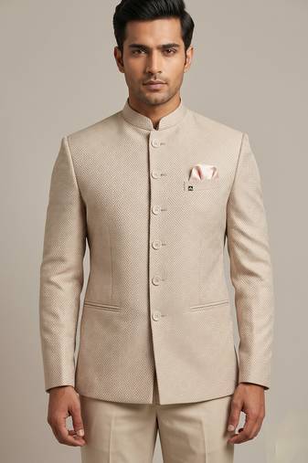 Light  gold bandhgala on jacquard fabric