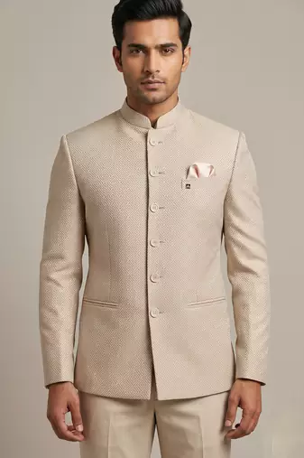 Light  gold bandhgala on jacquard fabric