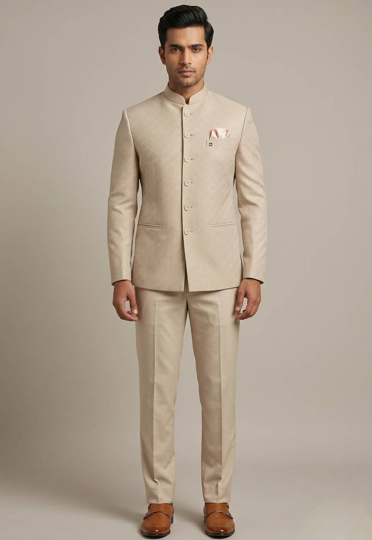 Light  gold bandhgala on jacquard fabric