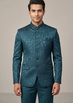 Teal bandhgala on jacquard fabric 1