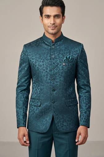 Teal bandhgala on jacquard fabric