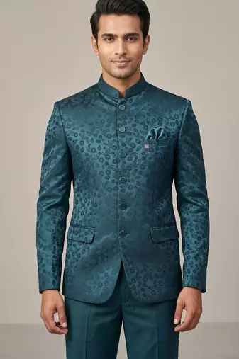 Teal bandhgala on jacquard fabric