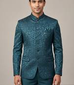 Teal bandhgala on jacquard fabric