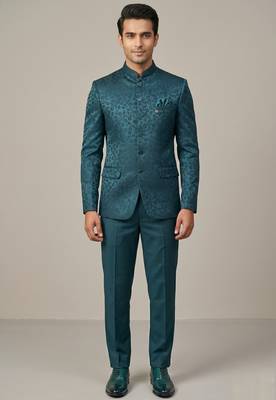 Teal bandhgala on jacquard fabric 2