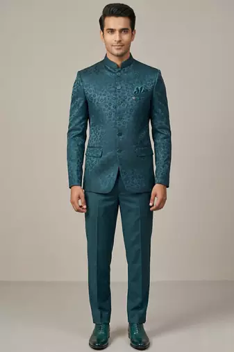 Teal bandhgala on jacquard fabric