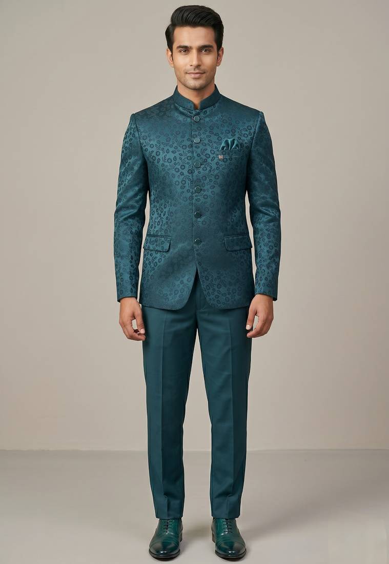 Teal bandhgala on jacquard fabric