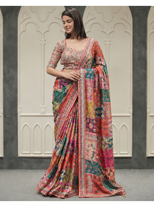 multi gold zari and mirror with printed chinnon saree 1