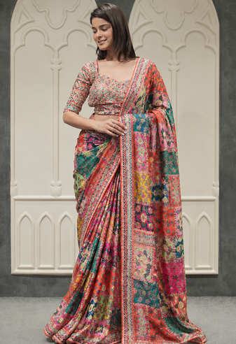 multi gold zari and mirror with printed chinnon saree
