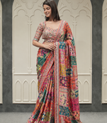 multi gold zari and mirror with printed chinnon saree