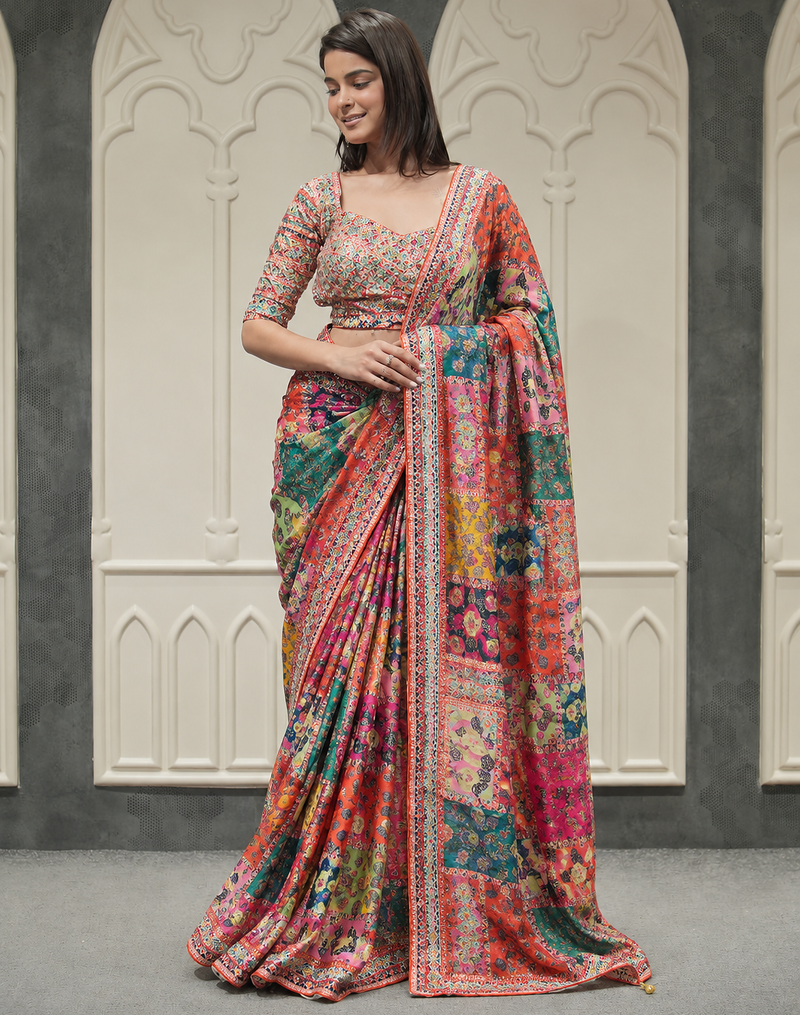 multi gold zari and mirror with printed chinnon saree