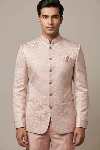 Peach bandhgala with motifs on jacquard