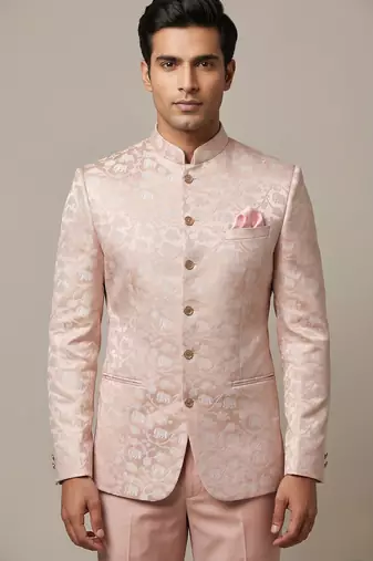 Peach bandhgala with motifs on jacquard