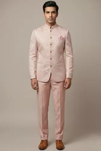 Peach bandhgala with motifs on jacquard