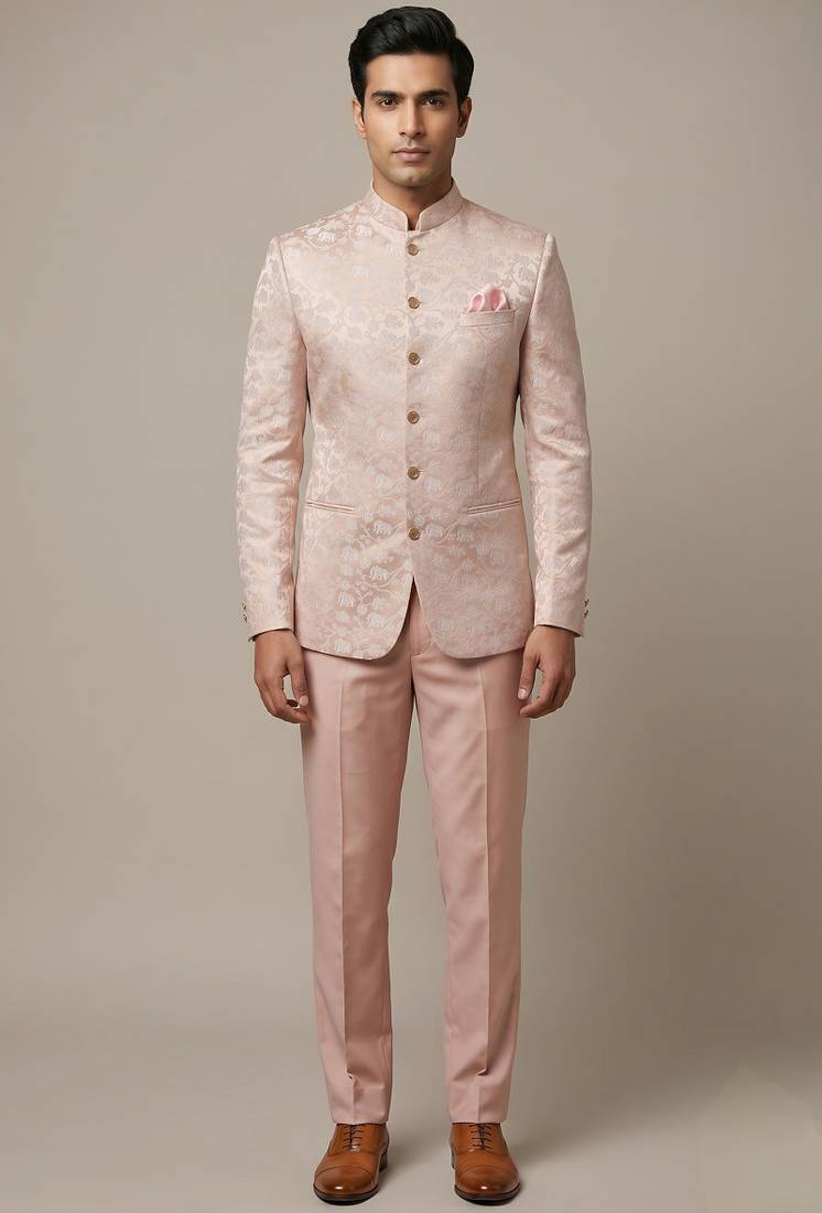 Peach bandhgala with motifs on jacquard