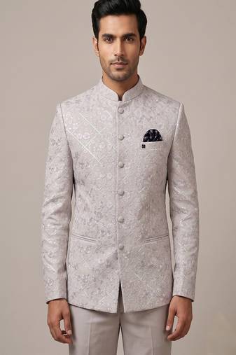 Ivory thread and sequins embroidered bandhgala