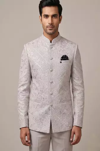 Ivory thread and sequins embroidered bandhgala