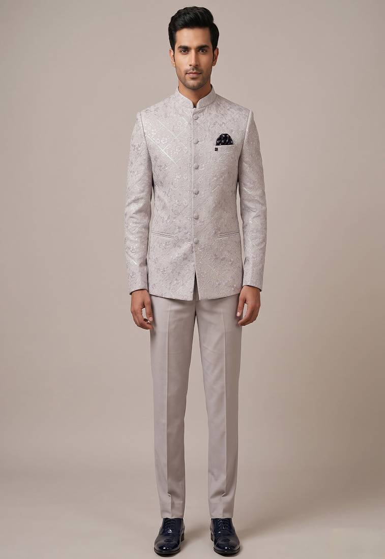 Ivory thread and sequins embroidered bandhgala