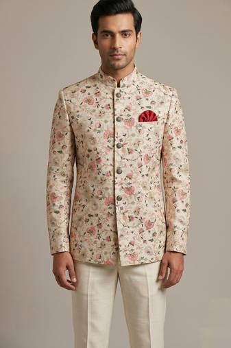 Cream thread and sequins work waistcoat