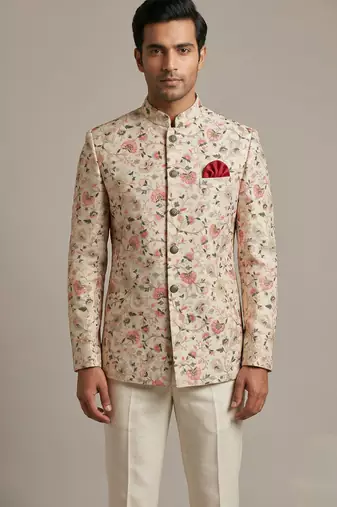 Cream thread and sequins work waistcoat