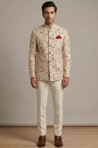 Cream thread and sequins work waistcoat