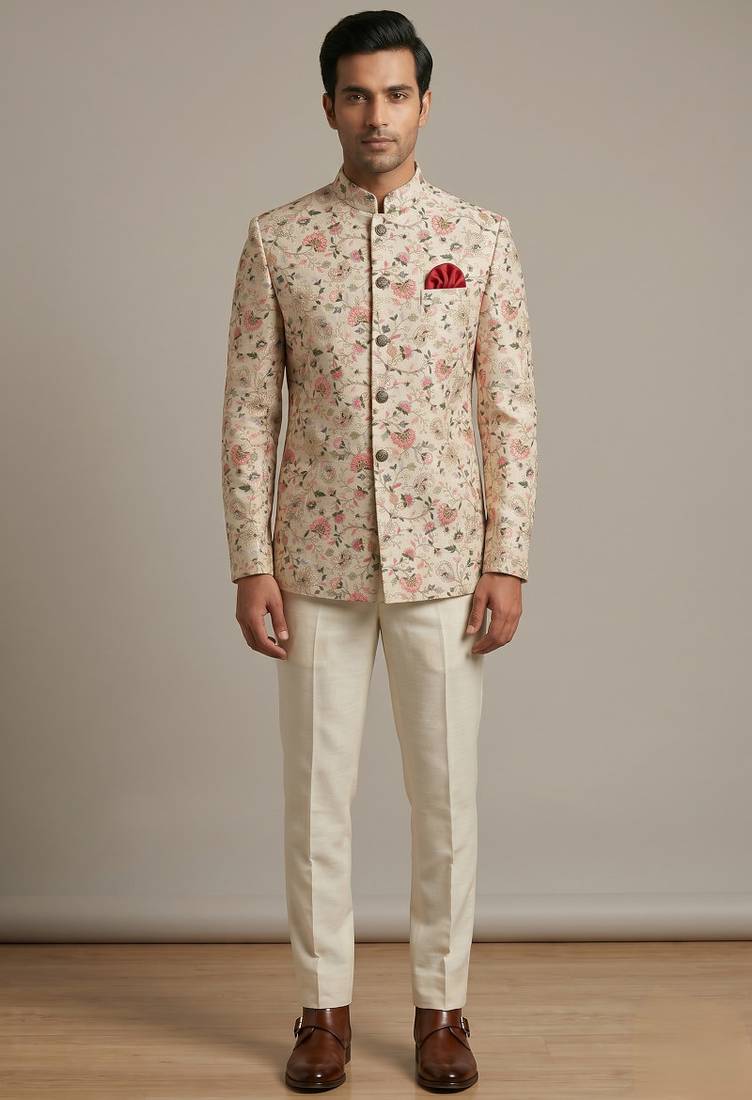 Cream thread and sequins work waistcoat