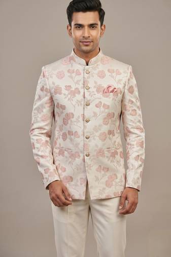 Light gold bandhgala on jacquard fabric
