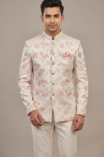 Light gold bandhgala on jacquard fabric