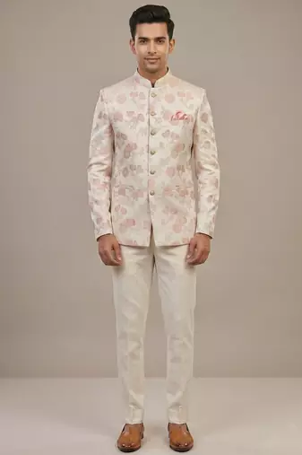 Light gold bandhgala on jacquard fabric