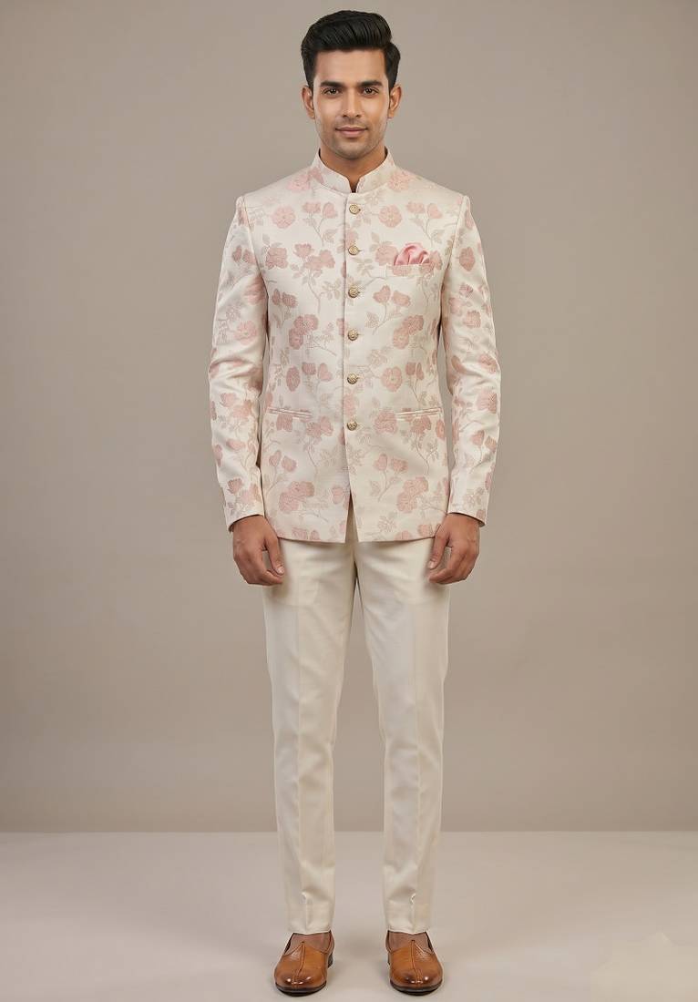 Light gold bandhgala on jacquard fabric