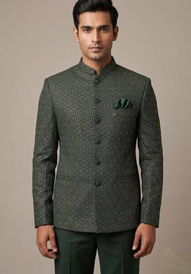 Bottle green bandhgala on jacquard fabric 1