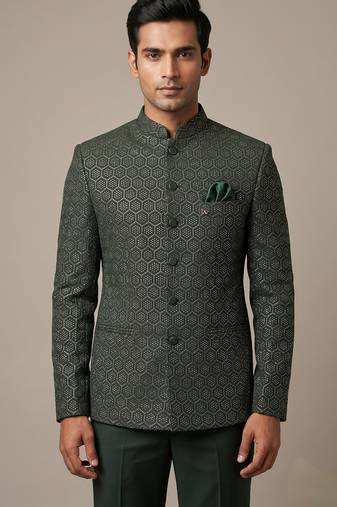 Bottle green bandhgala on jacquard fabric