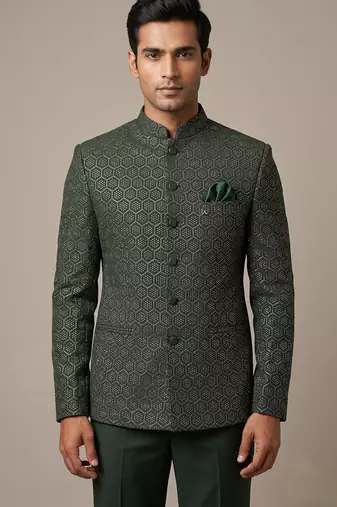Bottle green bandhgala on jacquard fabric
