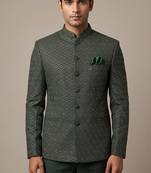 Bottle green bandhgala on jacquard fabric