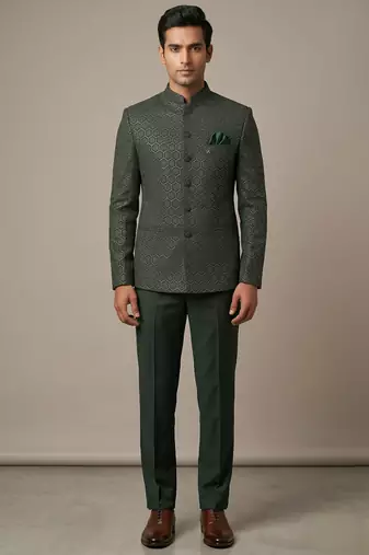 Bottle green bandhgala on jacquard fabric