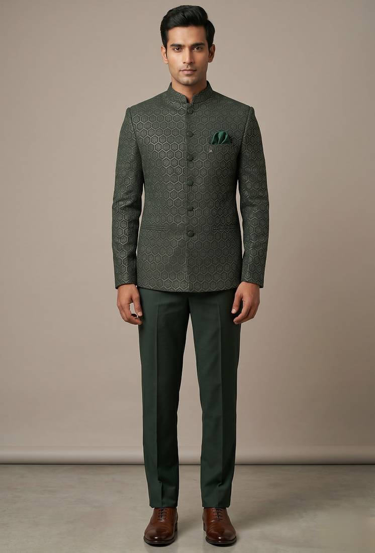 Bottle green bandhgala on jacquard fabric