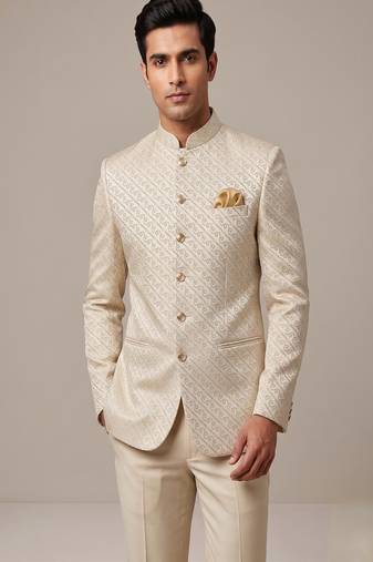 Light gold bandhgala on jacquard fabric