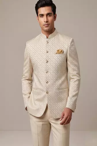 Light gold bandhgala on jacquard fabric